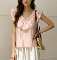 V-Neck Ruffled-Trim Plain Sheer Loose-Fit Tank Top