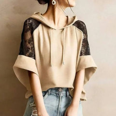 Elbow-Sleeve Hooded Plain Lace Panel T-Shirt