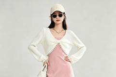 V-Neck Plain Pom Pom Cropped Blouse / Spaghetti Strap Bow Front Slit Mini A-Line Dress