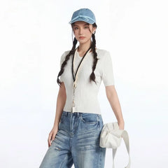 Short Sleeve V-Neck Plain Slim-Fit Knit Top