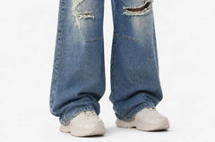 Mid Rise Washed Distressed Wide Leg Jeans