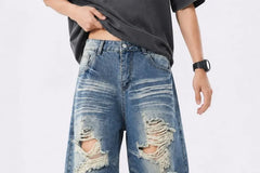 Mid Rise Washed Distressed Wide Leg Jeans