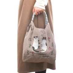 Cat Water Repellent Embroidery Tote Bag M Size Brown