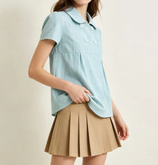 Short Sleeve Doll Collar Striped Button Detail Loose-Fit Blouse
