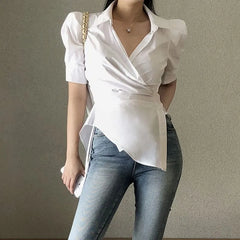 Puff-Sleeve V-Neck Striped Shirt