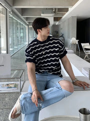 Short-Sleeve Crewneck Wavy Stripe Knit Top
