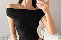 Short-Sleeve Off Shoulder Plain Crop T-Shirt