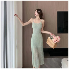 Spaghetti Strap Scoop Neck Plain Knit Maxi Sheath Dress