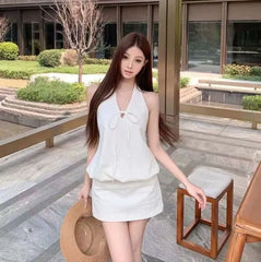 Set: Sleeveless V-Neck Plain Top + Mini Skirt