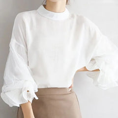 Ruffle Trim 3/4-Sleeve Mock Neck Plain Lace Panel Blouse