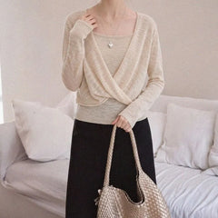 Set: Long-Sleeve V-Neck Plain Knit Top + Camisole Top