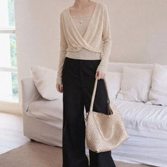 Set: Long-Sleeve V-Neck Plain Knit Top + Camisole Top