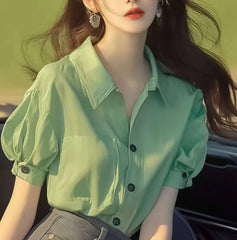 Puff Short-Sleeve Collared Plain Button Up Blouse