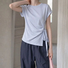 Short-Sleeve Crewneck Asymmetrical Plain Crop T-Shirt
