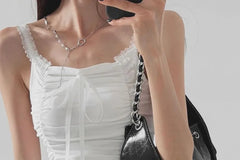 Spaghetti Strap Scoop Neck Plain Lace Trim Ruched Camisole Top