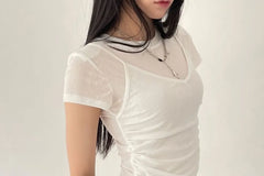 Short-Sleeve Scoop Neck Mock Two Piece Lace Trim T-Shirt