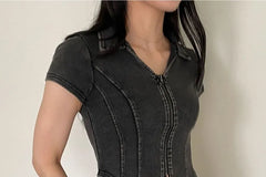 Short-Sleeve Collared Washed Zip Crop Top