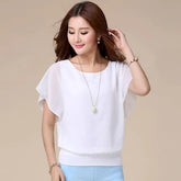 Batwing Sleeve Plain Chiffon Paneled Blouse