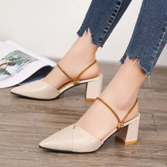 Faux Leather Pointy Block Heel Slingback Pumps