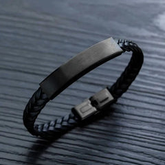 Stainless Steel Bar Braided Leather Bracelet