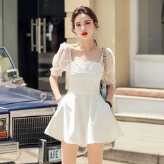 Short-Sleeve Lace Panel Wide-Leg Romper