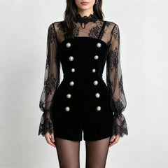 Set: Long Sleeve Mesh Top + Double Breasted Velvet Playsuit