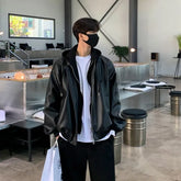 Mock Two-Piece Hooded Faux Leather Zip-Up Jacket