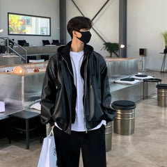 Mock Two-Piece Hooded Faux Leather Zip-Up Jacket
