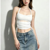 Halter Neck Plain Cut-Out Side Drawstring Slim-Fit Crop Camisole Top