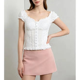 Cap Sleeve V-Neck Plain Ruffled-Trim Eyelet Lace Slim-Fit Blouse