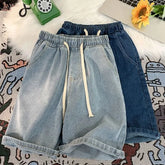 Drawstring Waist Washed Denim Shorts