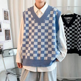 V-Neck Checkerboard Oversized Knit Vest