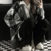 V-Neck Argyle Loose-Fit Button-Up Cardigan