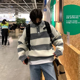 Long-Sleeve Striped Ribbed Polo-Neck Sweater