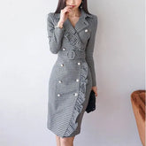 Long-Sleeve Double Breasted Houndstooth Sheath Dress