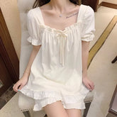 Pajama Set: Short-Sleeve Square Neck Lace Trim Top + Shorts