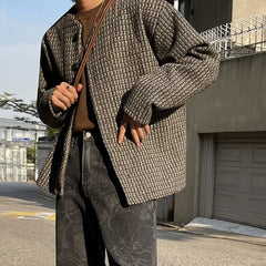 Round Neck Plaid Woven Button-Up Jacket