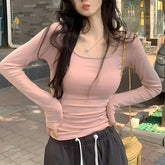 Long-Sleeve Scoop Neck Plain Slim Fit T-Shirt