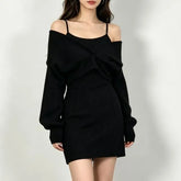 Set: Spaghetti Strap Mini Dress + Long-Sleeve V-Neck Cropped Top