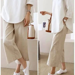 Elastic Waist Plain Linen Cotton Crop Wide Leg Pants