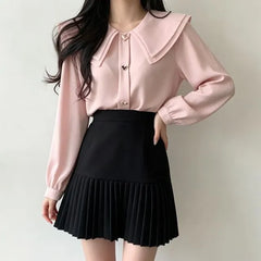 Long-Sleeve Layered Collar Plain Heart Button Blouse / High Waist Plain Accordion Pleated Mini A-Line Skirt