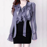 Long-Sleeve Tie-Neck Plain Ruffle Chiffon Blouse