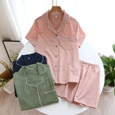 Couple Matching Pajama Set: Short-Sleeve Collared Plaid Top + Elastic Waist Shorts