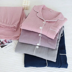 Couple Matching Pajama Set: Long-Sleeve Collared Contrast Trim Top + Elastic Waist Plain Straight Leg Pants
