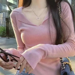 Long-Sleeve V-Neck Collared Plain Knit Top