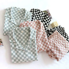 Couple Matching Pajama Set: Long-Sleeve Checkerboard Top + Pants (Various Designs)
