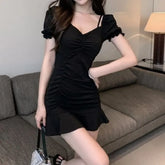 Short-Sleeve Off-Shoulder Plain Mini Sheath Dress