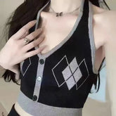 Halter Neck Button Accent Two-Tone Argyle Crop Sweater Vest