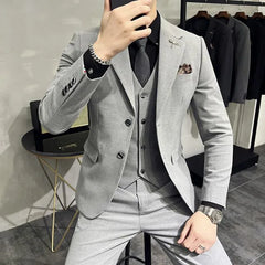 Set: Plain Single-Breasted Blazer + Vest + Straight Leg Dress Pants