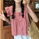 Short-Sleeve Gingham Ruffle Blouse